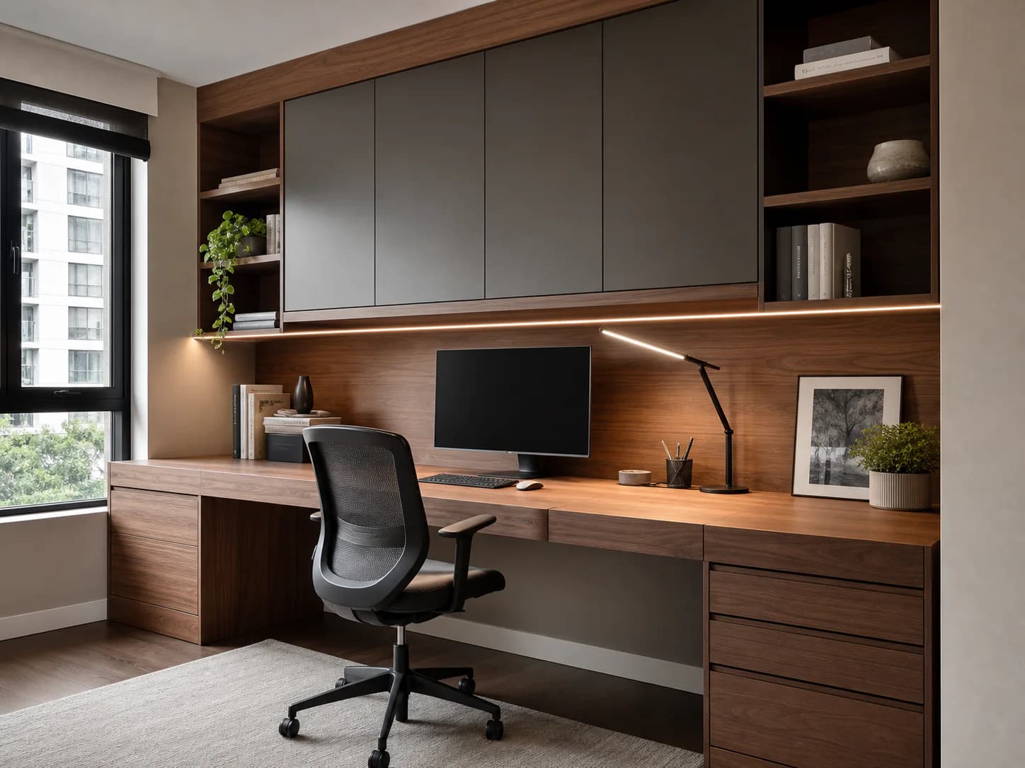 Home office compacto demonstrativo com marcenaria em nogueira